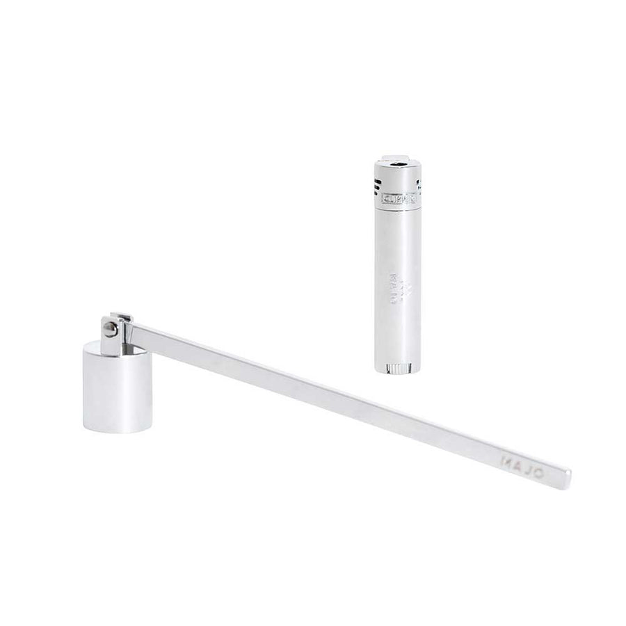 MAJO Candle Care Kit silver candle snuffer and jet flame clipper lighter engraved