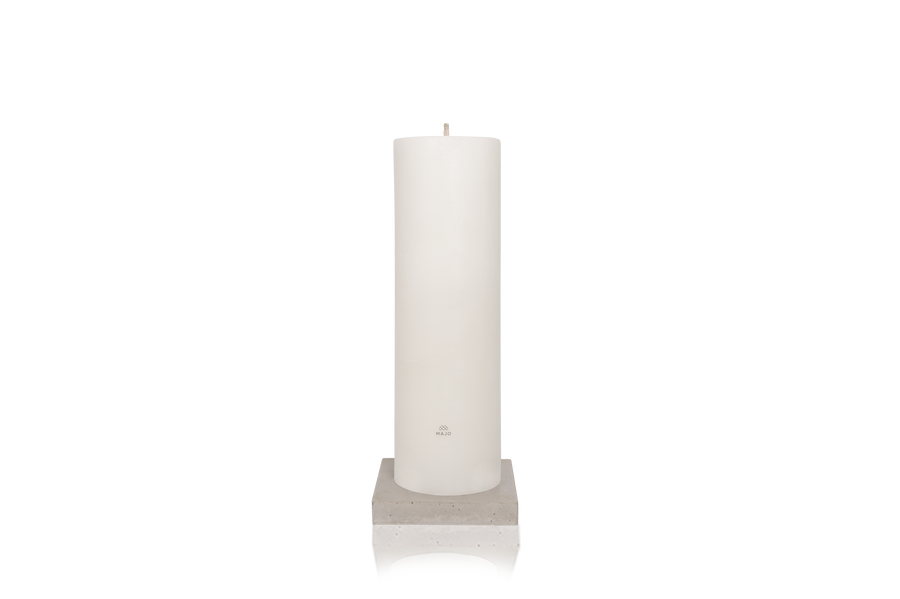MAJO LUSO 80 cm white extra large outdoor garden candle. Standing on grey polished concrete base 