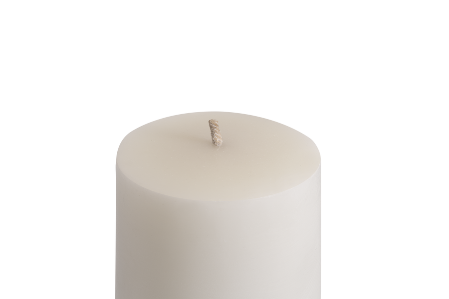 Close up of MAJO LUSO 60 cm white outdoor pillar candle with thick wick 