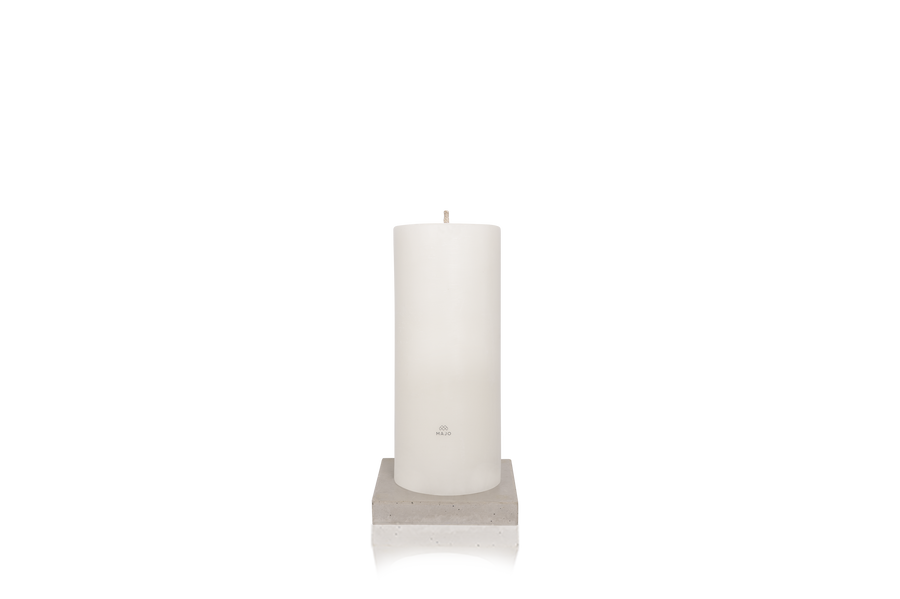 MAJO MENA 60cm large outdoor garden pillar candle with MAJO logo, standing on grey polished concrete square base